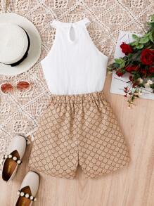 SHEIN Tween Girl Halter Top & Allover Print Shorts - Multicolor - View 2