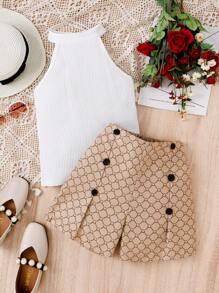 SHEIN Tween Girl Halter Top & Allover Print Shorts - Multicolor - View 3