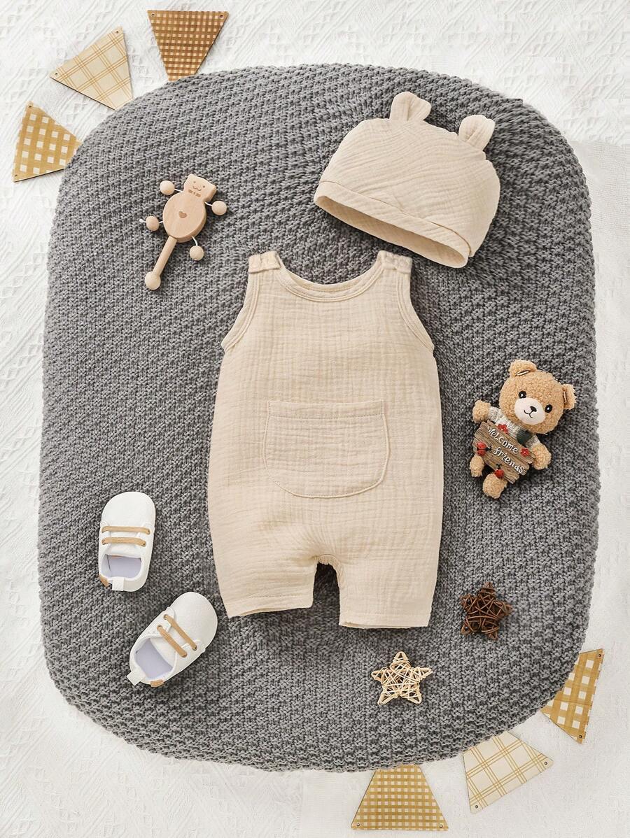 Newborn Baby Kangaroo Pocket Romper & Accessory Hat - Apricot - View 1