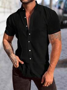 Manfinity Homme Men Solid Button Up Plain Casual Short Sleeve Shirt, For Boyfriend Gift - Black - View 1