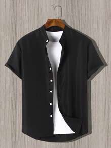 Manfinity Homme Men Solid Button Up Plain Casual Short Sleeve Shirt, For Boyfriend Gift - Black - View 3