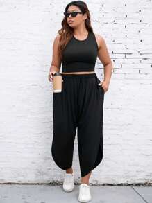 SHEIN LUNE Plus Solid Tank Top & Split Hem Pants - Black - View 1