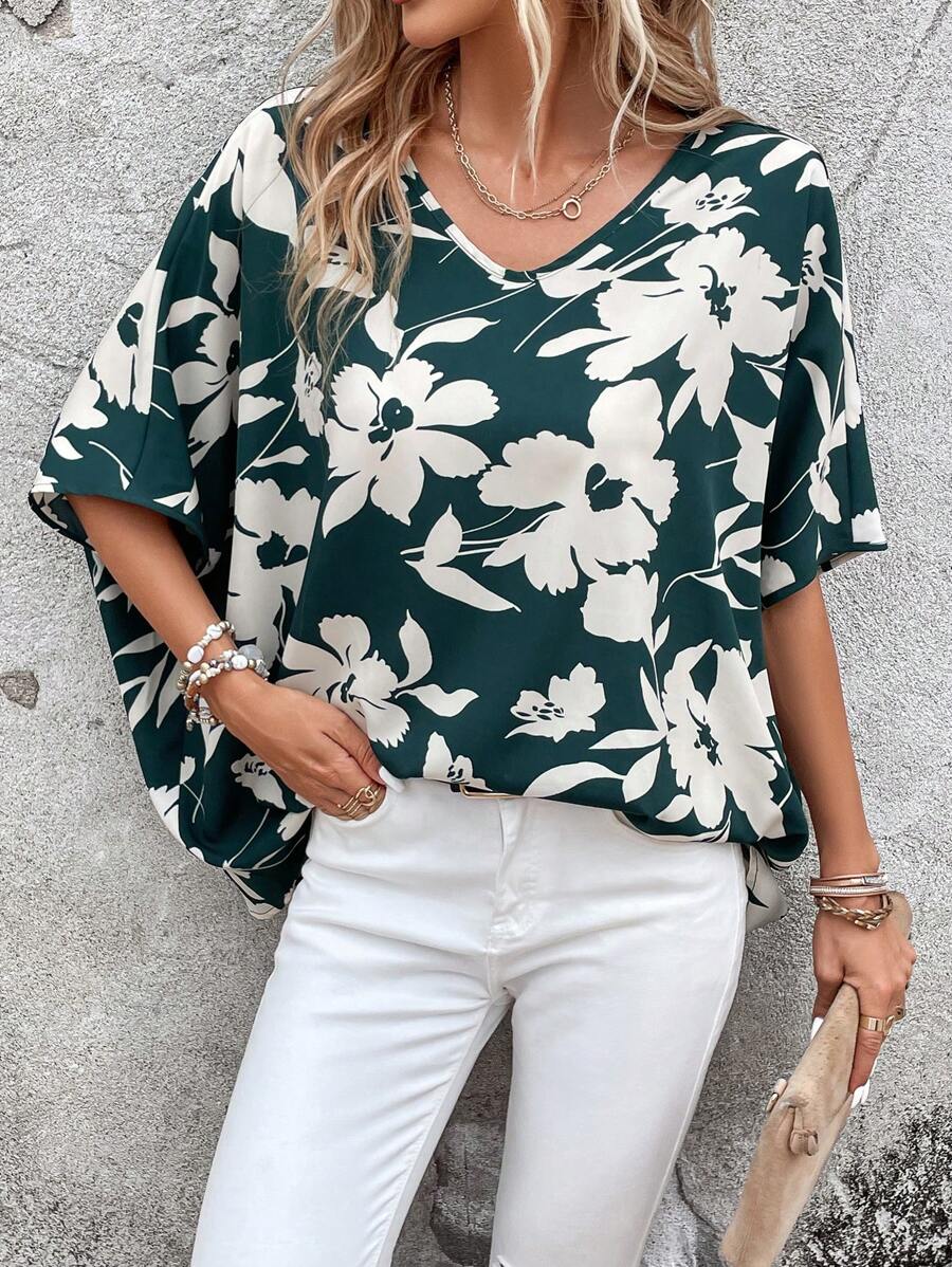 SHEIN VCAY Floral Print Batwing Sleeve Blouse - Dark Green - View 1