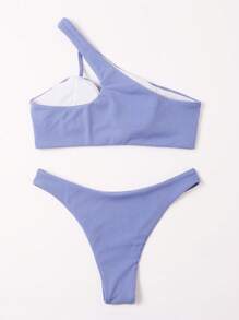 Rib One Shoulder Bikini Set For Summer Beach Vacation - Blue - View 2