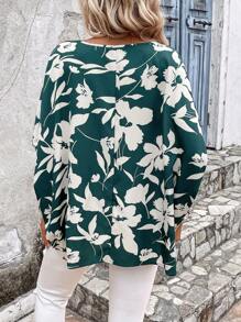 SHEIN VCAY Floral Print Batwing Sleeve Blouse - Dark Green - View 2