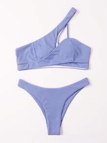 Rib One Shoulder Bikini Set For Summer Beach Vacation - Blue - View 3