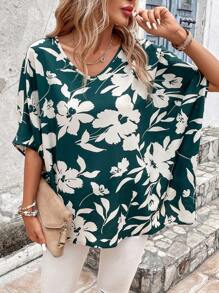 SHEIN VCAY Floral Print Batwing Sleeve Blouse - Dark Green - View 4