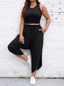 SHEIN LUNE Plus Solid Tank Top & Split Hem Pants - Black - View 5