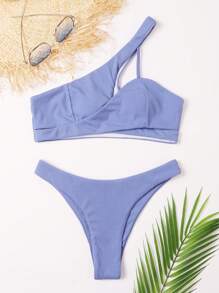 Rib One Shoulder Bikini Set For Summer Beach Vacation - Blue - View 4