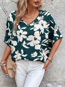 SHEIN VCAY Floral Print Batwing Sleeve Blouse - Dark Green - View 6