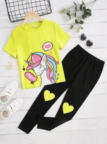 SHEIN Cô gái Tween Lá thư & Kỳ lân in Áo thun & In Trái tim Xà cạp - Nhiều màu - Xem 1