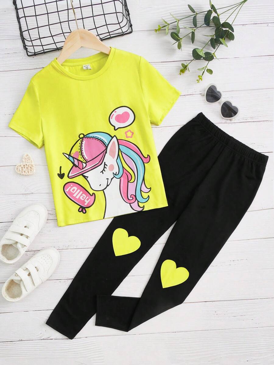 SHEIN Cô gái Tween Lá thư & Kỳ lân in Áo thun & In Trái tim Xà cạp - Nhiều màu - Xem 1