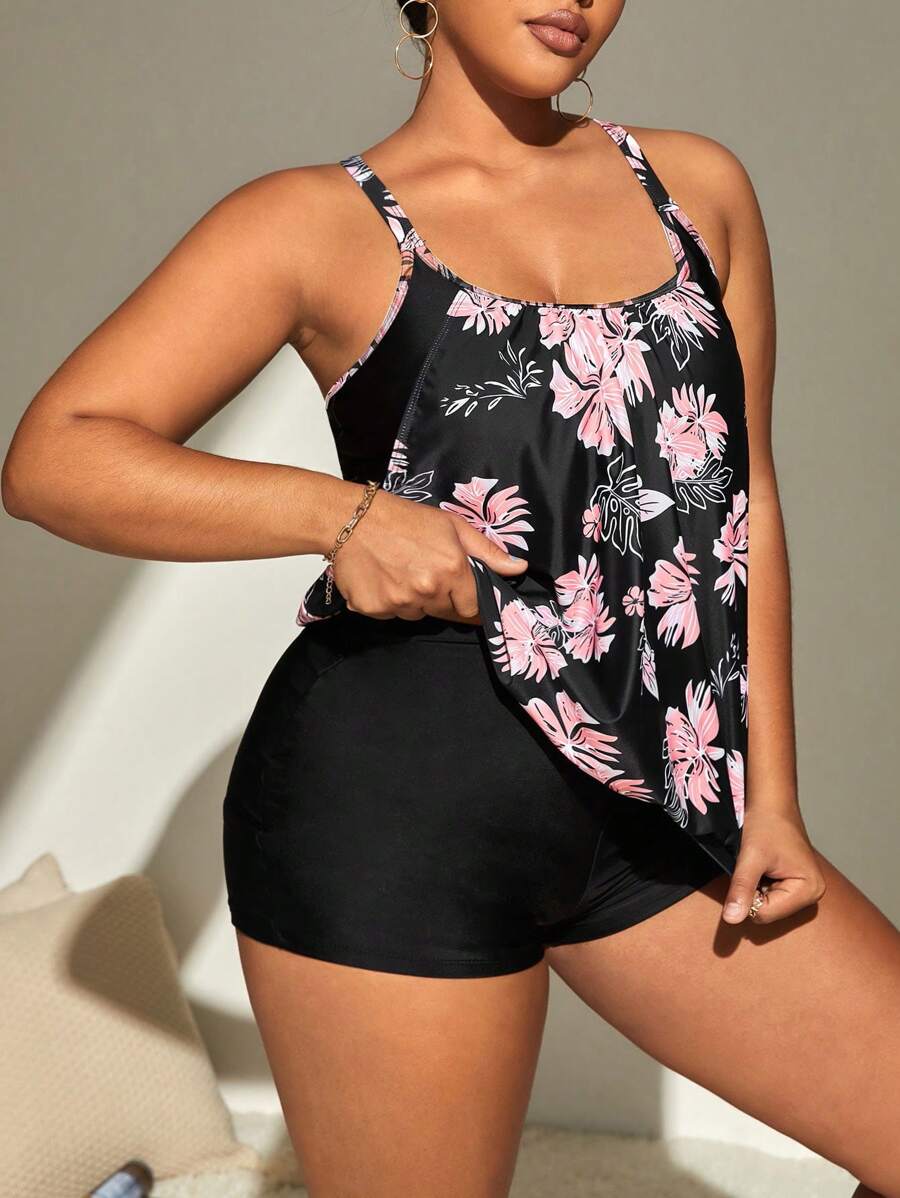 Plus Size Floral Print Tankini Summer Beach - Multicolor - View 1
