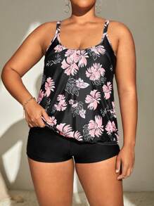 Plus Size Floral Print Tankini Summer Beach - Multicolor - View 3