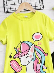 SHEIN Cô gái Tween Lá thư & Kỳ lân in Áo thun & In Trái tim Xà cạp - Nhiều màu - Xem 4