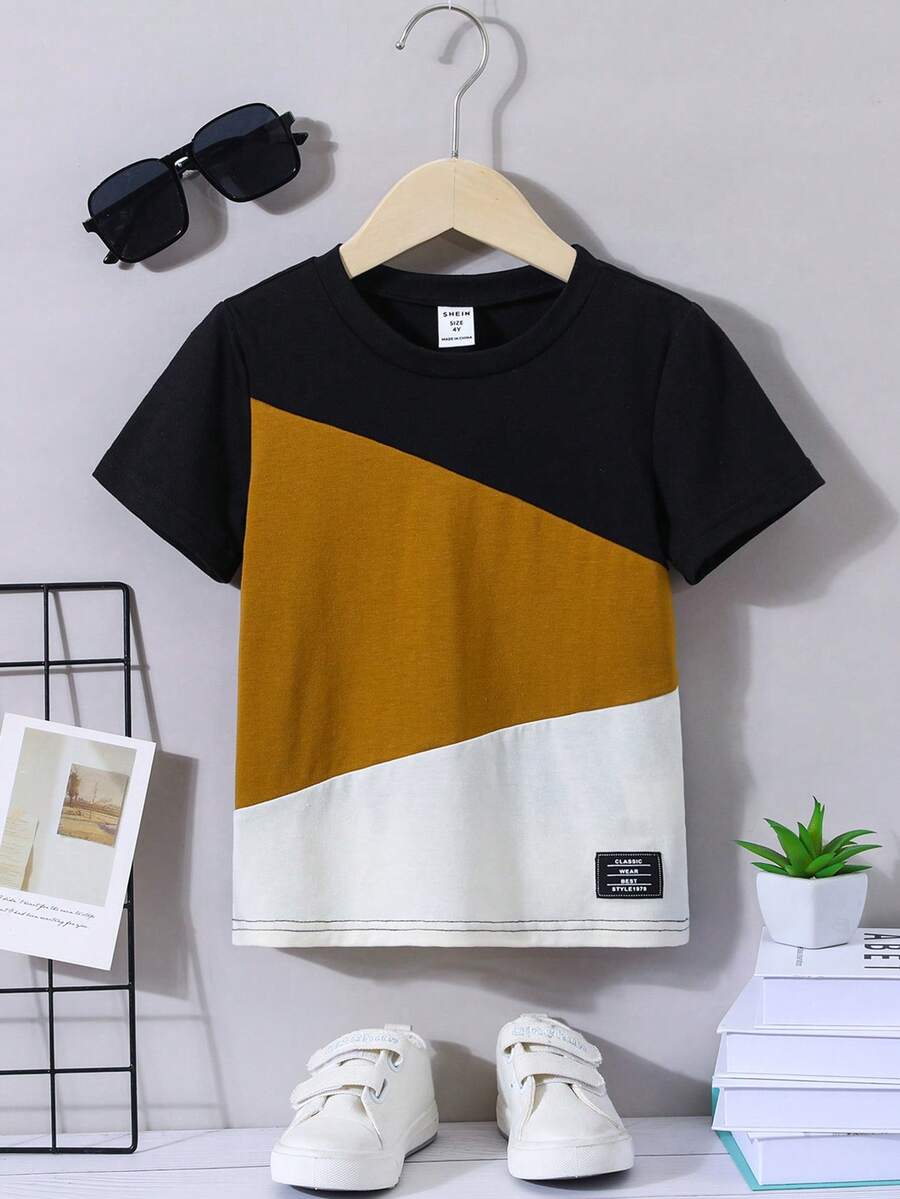 SHEIN Toddler Boys Colour Block Letter Patched Detail Tee - Multicolor - View 1