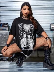 ROMWE PUNK 大碼搖滾太陽和動物印花落肩T恤 - 黑色 - 查看 7