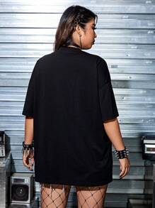 ROMWE PUNK 大碼搖滾太陽和動物印花落肩T恤 - 黑色 - 查看 2