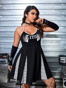 ROMWE PUNK Plus Rock Letter Graphic Contrast Binding Halter Neck Dress Without Gloves - Black - View 5