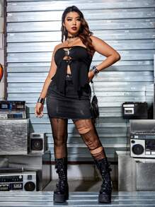 ROMWE PUNK Plus Rock Cut Out Buckle Front Tube Top