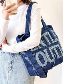 字母圖案購物袋大容量牛仔學院 - 寶藍色 - 查看 1