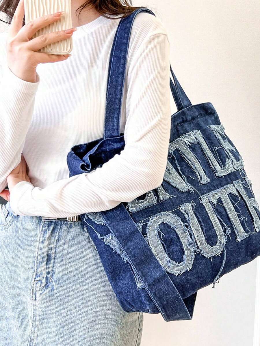 字母圖案購物袋大容量牛仔學院 - 寶藍色 - 查看 1