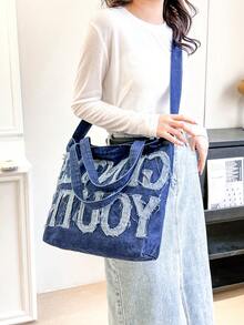 字母圖案購物袋大容量牛仔學院 - 寶藍色 - 查看 2