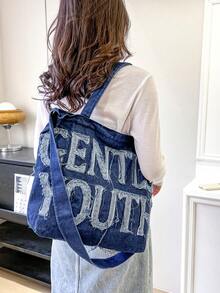 字母圖案購物袋大容量牛仔學院 - 寶藍色 - 查看 3