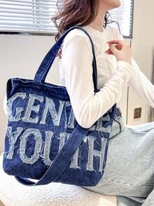 字母圖案購物袋大容量牛仔學院 - 寶藍色 - 查看 4