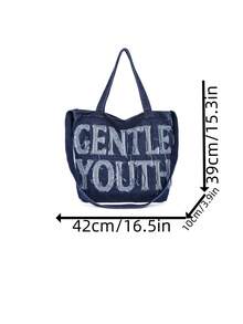 字母圖案購物袋大容量牛仔學院 - 寶藍色 - 查看 5