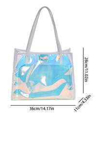 時尚流行pvc全彩色大容量防水休閒多功能肩背包,帶有內袋沙灘包購物袋可重複使用手提袋手提包,適用於旅遊、工作、學校、戶外、運動周末購物的書包,頂部手提袋,適用於旅遊假期夏季春季戶外周末購物 - 白色 - 查看 3