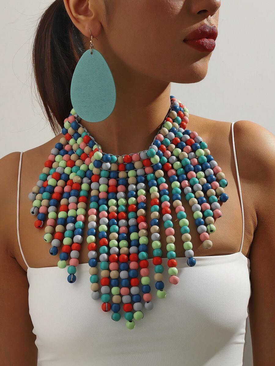 3 cái/bộ Bộ vòng cổ & bông tai đính cườm nhiều màu theo phong cách nghỉ dưỡng dành cho nữ - Nhiều màu - Xem 1