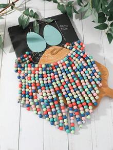 3 cái/bộ Bộ vòng cổ & bông tai đính cườm nhiều màu theo phong cách nghỉ dưỡng dành cho nữ - Nhiều màu - Xem 3