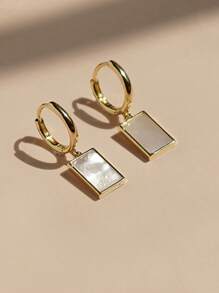 1 Pair Minimalist Square Mother-Of-Pearl Earrings, Unique Geometric Design Ear Studs, Elegant And Chic For Women - Yellow Gold - View 1