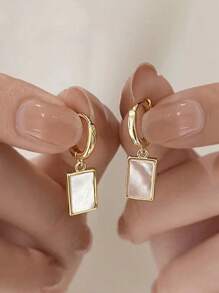 1 Pair Minimalist Square Mother-Of-Pearl Earrings, Unique Geometric Design Ear Studs, Elegant And Chic For Women - Yellow Gold - View 5