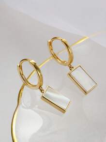 1 Pair Minimalist Square Mother-Of-Pearl Earrings, Unique Geometric Design Ear Studs, Elegant And Chic For Women - Yellow Gold - View 7