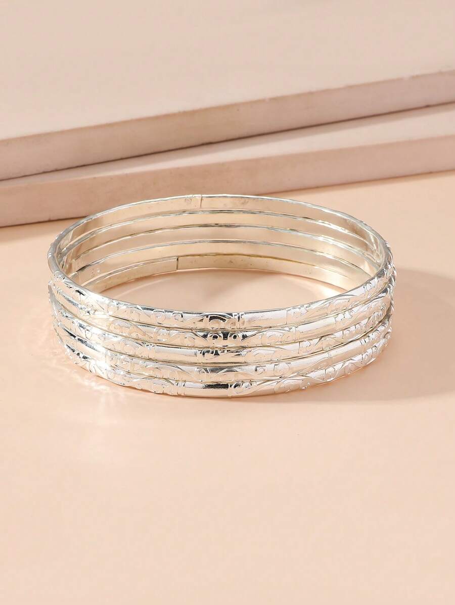 5入組/套復古質感紋理設計女士們手鐲套裝 - 銀色 - 查看 1