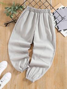 SHEIN Boys Solid Elastic Waist Trousers - Khaki - View 1