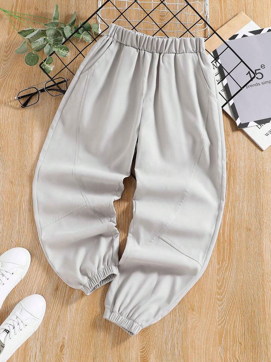 SHEIN Boys Solid Elastic Waist Trousers - Khaki - View 1