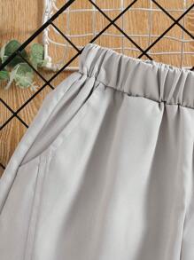 SHEIN Boys Solid Elastic Waist Trousers - Khaki - View 3