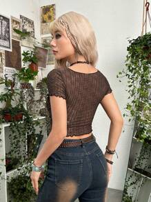 ROMWE PUNK 頹廢搖滾前繫帶木耳邊網紗上衣 - 巧克力棕 - 查看 2