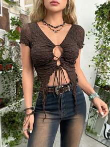 ROMWE PUNK 頹廢搖滾前繫帶木耳邊網紗上衣 - 巧克力棕 - 查看 1