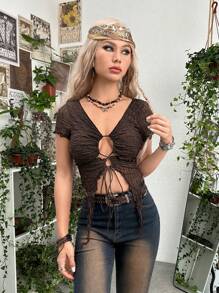 ROMWE PUNK 頹廢搖滾前繫帶木耳邊網紗上衣 - 巧克力棕 - 查看 6