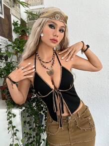 ROMWE PUNK 垃圾摇滚明线缝线前系带露背上衣，学校 - 黑色 - 查看 6