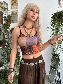 ROMWE PUNK Áo ba lỗ in họa tiết chắp vá Grunge, Trường học - Nhiều màu - Xem 1