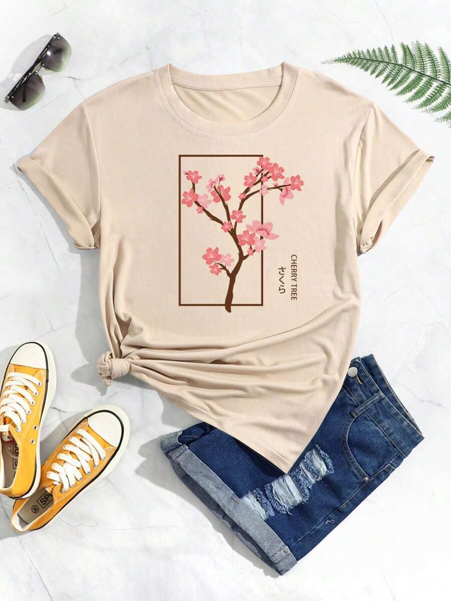 SHEIN LUNE Plus Floral And Letter Graphic Tee - Apricot - View 1