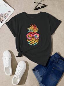 SHEIN EZwear Camiseta con estampado de piña - Negro - Ver 1