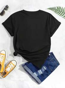 SHEIN EZwear 大碼人物和標語圖案T恤 - 黑色 - 查看 2