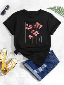 SHEIN EZwear Plus Floral And Letter Graphic Tee - Black - View 1