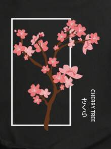 SHEIN EZwear Plus Floral And Letter Graphic Tee - Black - View 6